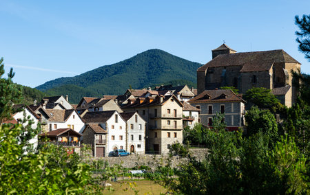 Anso townscape with parish church of Saint Peter in Pyreneesの写真素材