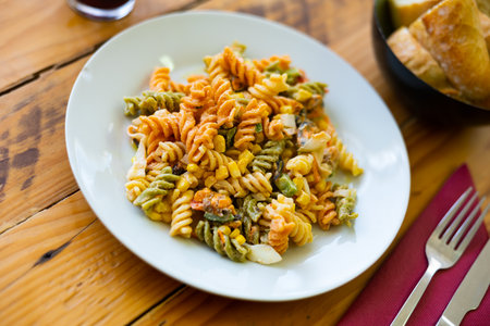 Pasta salad on plateの写真素材