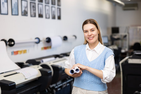Portrait of positive woman printshop workerの写真素材