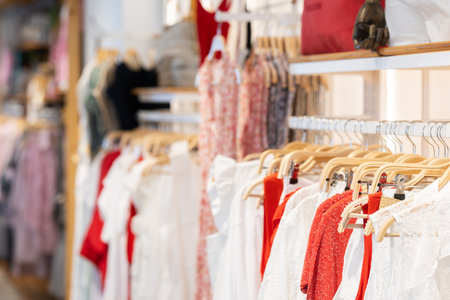Womens clothes hanging on rack in storeの写真素材