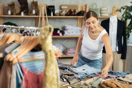 Adult woman choosing pants in clothing store