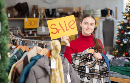 Teenage girl holds a SALE sign and chooses fashionable clothes in clothing storeの写真素材
