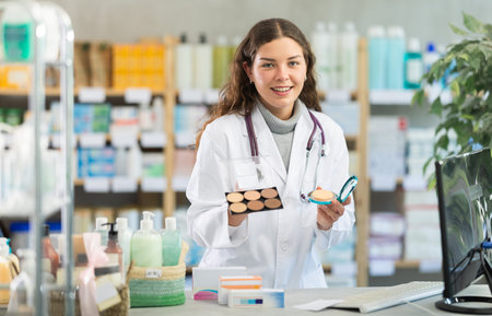 Female pharmacist offers to buy medicinal cosmetics in pharmacy