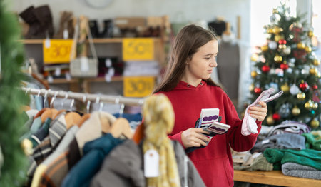 Teenage girl chooses socks in clothing storeの写真素材