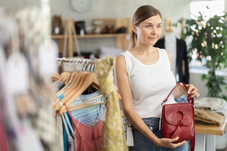 Adult women choosing handbag in storeの写真素材