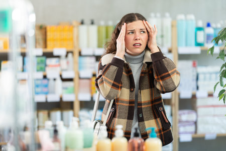 Girl in winter clothes suffers from headache, while visiting household goods supermarketの写真素材