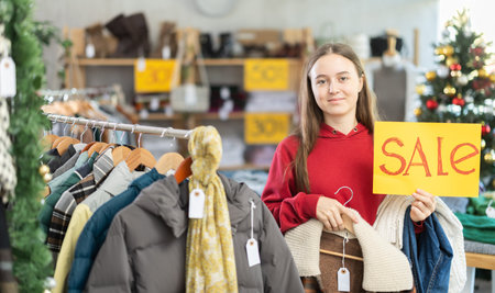 Teen girl with poster in hands announce mega Black Friday discounts, presenting SALE