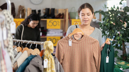 Girl in store chooses warm dress in sales area shop