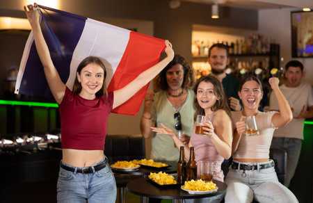 Group of fans in bar with French flagの写真素材