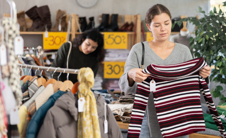 European girl is busy looking at clothes items in store, chooses sweater