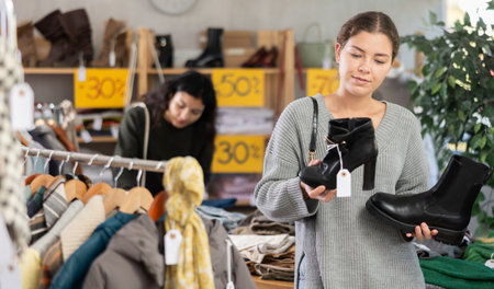 Girl is busy looking at clothes items in store, she chooses winter coat or jacketの写真素材