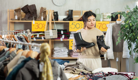 Latina female client choosing stylish boots in clothing storeの写真素材