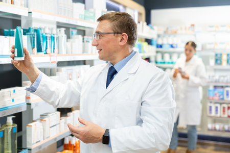 Positive male pharmacist lays out tubes on pharmacy shelvesの写真素材