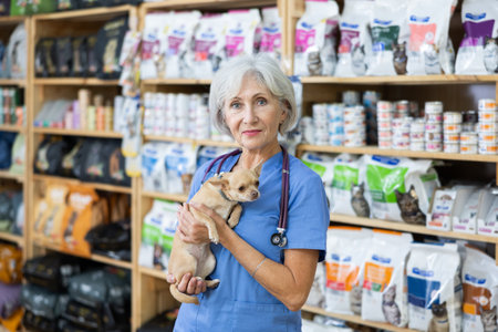 Senior woman veterinarian is standing with dog Chihuahua in pet store pharmacy.の写真素材