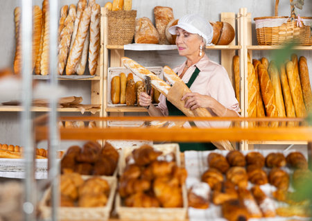 Elderly female bakery salesperson offers to buy bread, baguettes and croissantsの写真素材