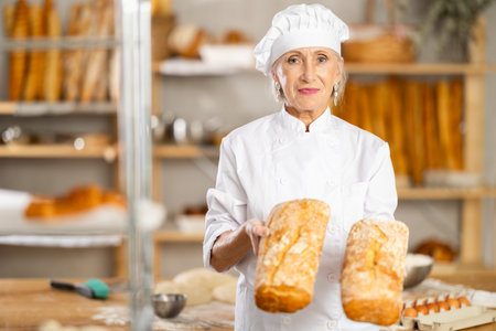 Senior female baker worker show loafs of breads