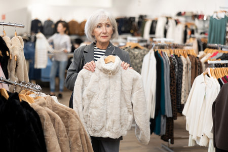 Old woman choosing fur coat in clothing shopの写真素材