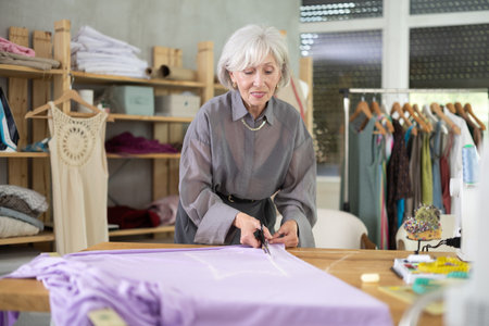 Woman seamstress cutting fabric in sewing workshopの写真素材