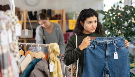 Latin girl is busy looking at clothes items in store, she chooses jeansの写真素材