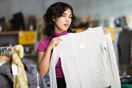 Young Filipino woman choosing sweaters in a store against the background of a Christmas treeの写真素材
