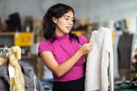 Asian woman chooses a sweater in clothing store before Christmasの写真素材