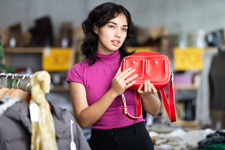 Filipino woman chooses a stylish handbag at Christmas saleの写真素材