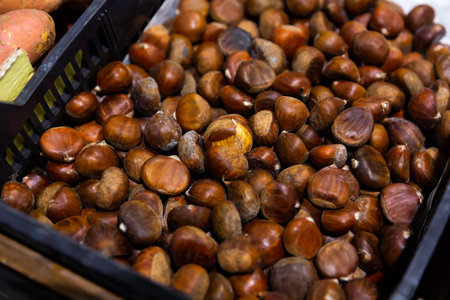 Pile of the delisious chestnuts at market placeの写真素材