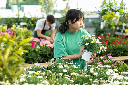young client girl chooses seedlings for flower bed near a country houseの写真素材