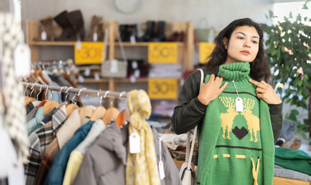 Latin woman choosing sweaters in a clothing storeの写真素材