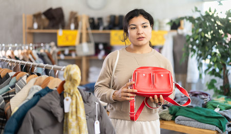 Happy woman standing in interior of clothing boutique and choosing fashionable handbag. Winter collection saleの写真素材