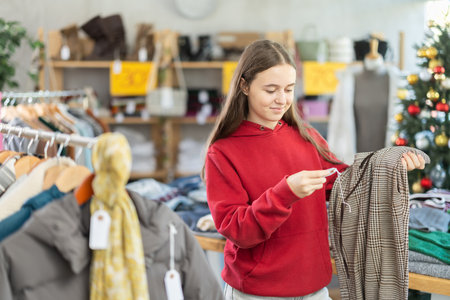 Teenage girl chooses trousers in clothing storeの写真素材
