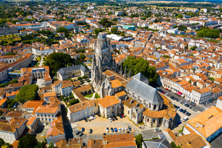 Fly over picturesque town of Saintes and Saint Peters Basilica. Franceの写真素材