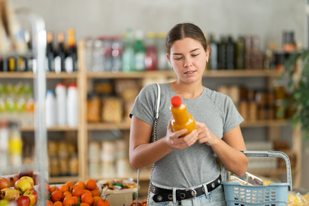Young woman choosing peach juice in grocery storeの写真素材