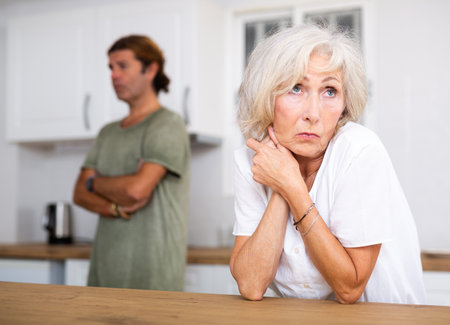 Mature couple quarreling at home, relationship problemsの写真素材