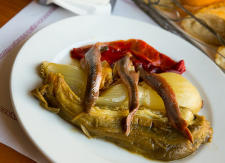 Catalan escalivada with anchovy filletsの写真素材