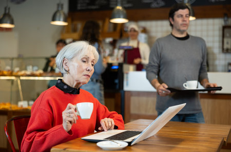 Mature woman sitting at table, using laptop and enjoing cup of tea in coffee houseの写真素材