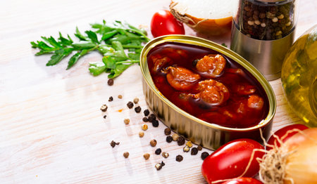 Opened tin can of scallopsの写真素材