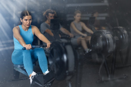 Sportive young girl training with rowing machine in sports hall