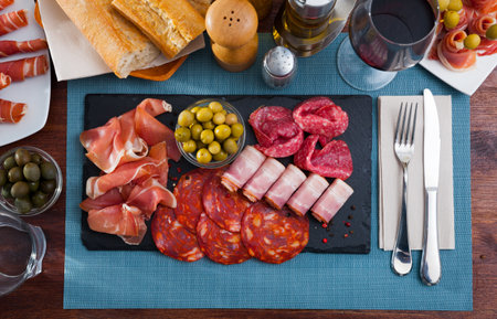 Assorted different types of spanish sausagesの写真素材