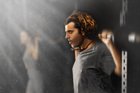 Diligent middle-aged man lifting barbell in sports hallの写真素材