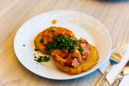 Belarusian draniki with stewed vegetablesの写真素材