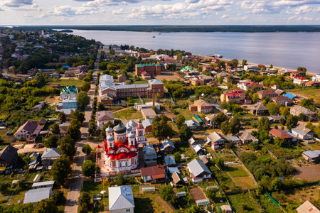 Aerial view of church of Life-Giving Trinity and the Volga river. Kozmodemyansk city. Russiaの写真素材