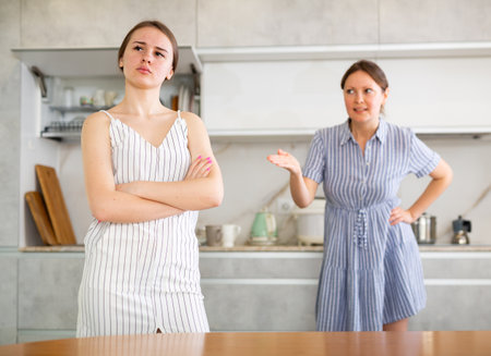 Offended young girl standing in the kitchen, angry mother talkingの写真素材