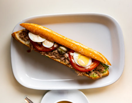 Spanish sandwich with fish and vegetables on a white plateの写真素材