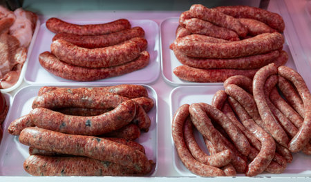 Sausages made of pork and chicken minced meat ready for grilling in meat shopの写真素材