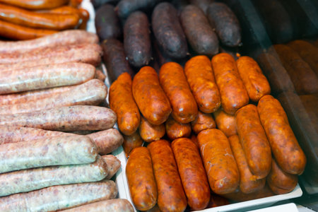 Store sells chorizo sausages, traditional appetizer and barbecue dishの写真素材