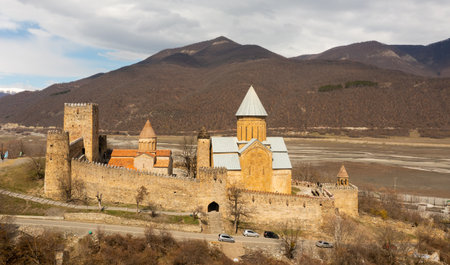 View from drone of ancient Ananuri Castle complex, Georgiaの写真素材