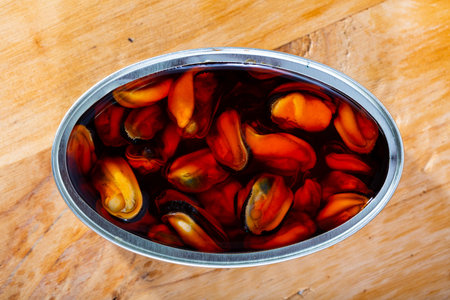 Marinated mussels in oilの写真素材