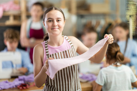 Positive teen girl child in study room of sewing school and young designersの写真素材
