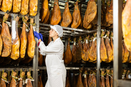 woman factory worker checks the jamonの写真素材